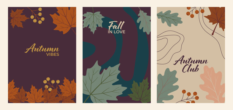 Autumn Season With Falling Leaves Poster Background Set Social Media Template.