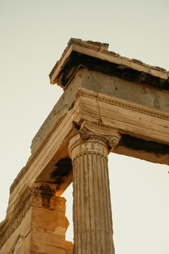 View of the ancient marble columns of the Acropolis in Athens, Greece.