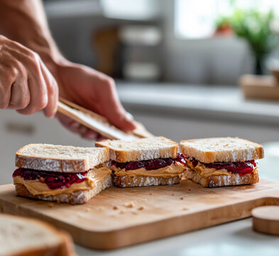 Peanut butter and jelly sandwiches being prepared
