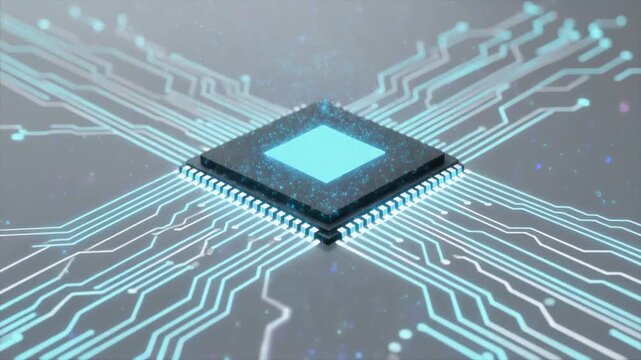 Microprocessor with glowing circuit traces, tech background