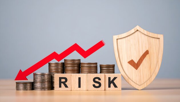 Coins, risk blocks, a declining red arrow, and a protective shield illustrate financial risk management, loss prevention, investment security, and protection of assets.