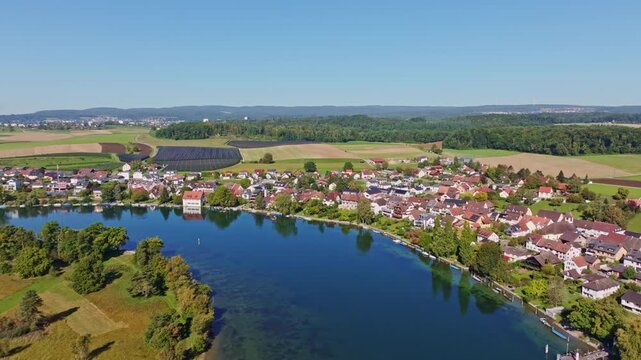 Aerial view of the municipality and enclave of B&uuml;singen am Hochrhein, Rhine, district of Constance, Baden-W&uuml;rttemberg, Germany