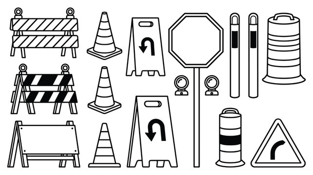 Road construction safety barricades and traffic signs collection in black white line art.