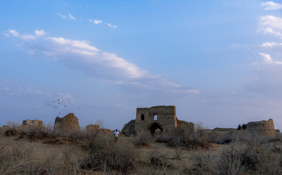 View of the historic Bijnot Fort ruins set in an arid desert landscape with a person walking nearby and birds flying in the clear blue sky in Bijnot, Punjab, Pakistan.