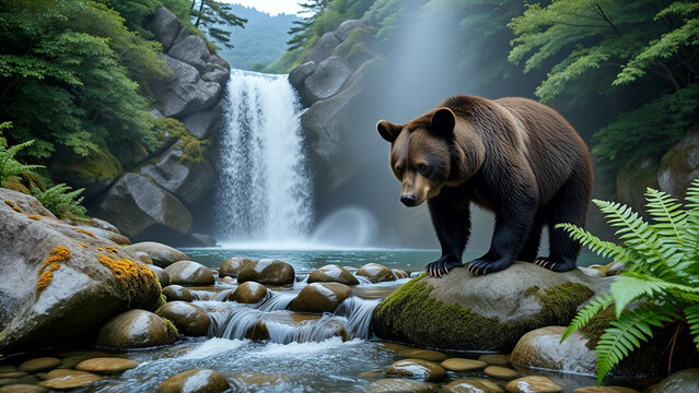 Brown Bear Standing Beside a Waterfall in a Forest