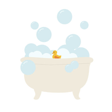 Cute Duck in Bubble Bath Flat Vector Illustration