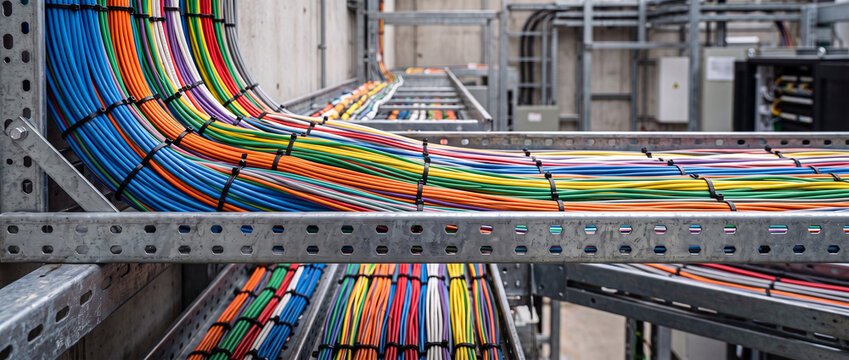 Color-coded electrical cables organized in industrial cable trays. Data center and building infrastructure wiring. Telecommunications and power distribution. Network engineering and utility