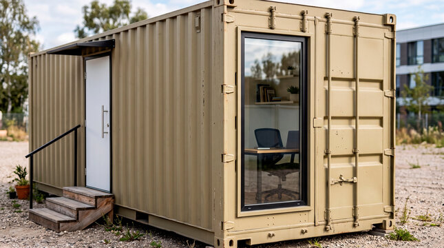 Shipping container converted into compact office with desk and window. Modular workspace, prefabricated building. Small business and remote work concept. Adaptive reuse and sustainable