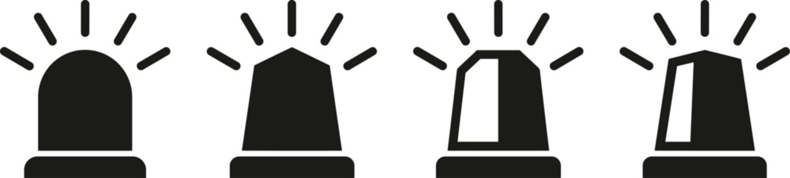 Emergency siren and warning beacon flasher icon collection featuring solid black police light flashing hazard symbols