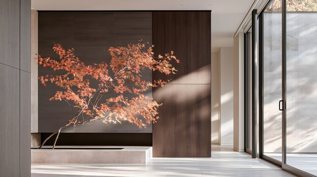 A vibrant Japanese maple tree indoors against a dark wood and charcoal wall, in a modern and sophisticated architectural space
