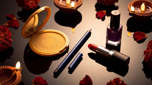makeup arrangement, a vibrant flat lay featuring bold cosmetics in striking colors on a shiny surface