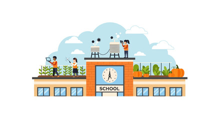 Fototapeta premium STEM Education Concept: Students Using Rooftop Garden and Science Equipment at Modern School