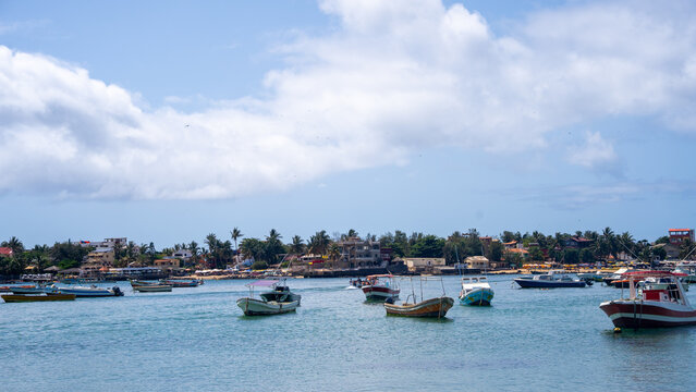 View of Petite Ngor Beach with colorful fishing boats anchored in the calm water, palm trees, and coastal buildings in Dakar, Region de Dakar, Senegal.