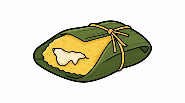 A traditional tamale wrapped in a corn husk with yellow corn masa and white filling inside
