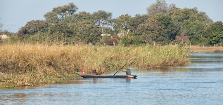 View of a person paddling a traditional mokoro canoe through the reeds of the Okavango Delta in the North-West District, Botswana.