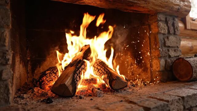 Burning fireplace in cabin close up shows flames and logs in a