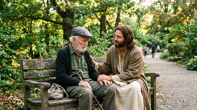 Jesus comforting an elderly man on a park bench offering solace and companionship in a serene outdoor setting