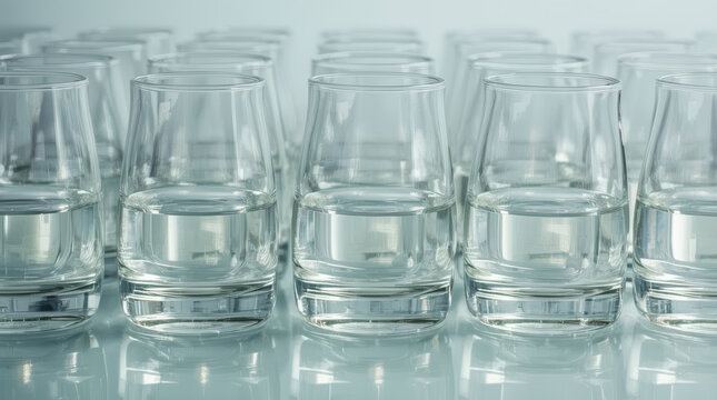 Close up identical glass containers filled to equal height on reflective surface