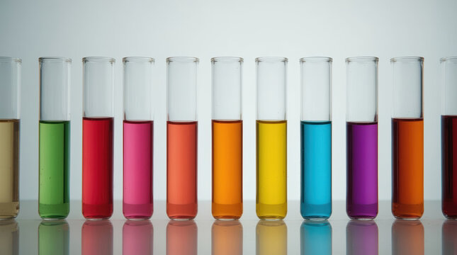 Colorful liquid test tube array with vivid laboratory samples