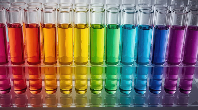 Colorful test tube solution collection displays vibrant laboratory liquid