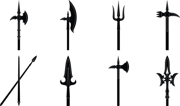 Medieval Weapon Silhouette Icon Collection with Halberd Spear Axe and Trident Symbols for Fantasy Game and Historical Graphic Design Projects