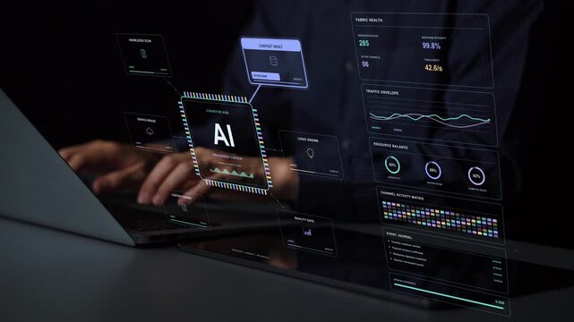 A tablet and laptop are in use. Context storage and content parsing feed an AI reasoning process, while connected services and validation support the flow of information through the system.