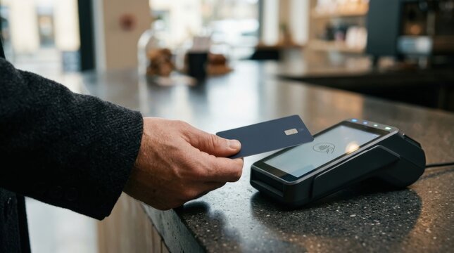 A person paying for a purchase by tapping a contactless credit card on a modern electronic payment terminal at a shop