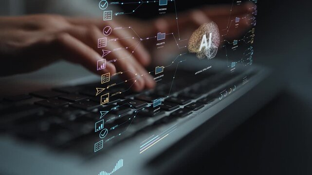 Typing continues at a desk. An AI brain represents the coordination of document work, connecting incoming records and approval stages with departmental tasks and completed deliverables.