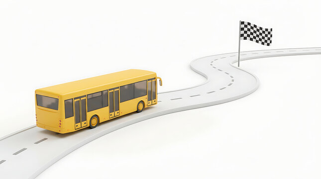 Yellow city bus driving along a winding asphalt road towards a checkered finish line