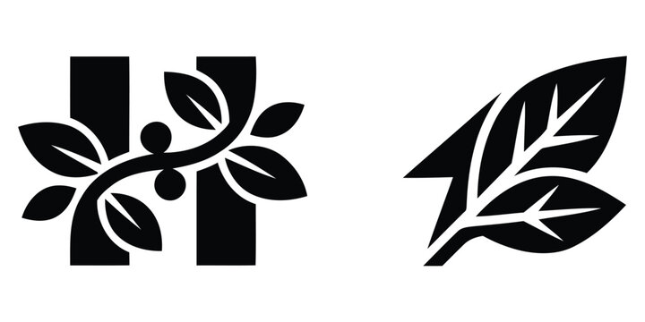 Minimalist black and white logo design featuring a capital letter h intertwined with organic botanical leaves and a separate stylized leaf icon