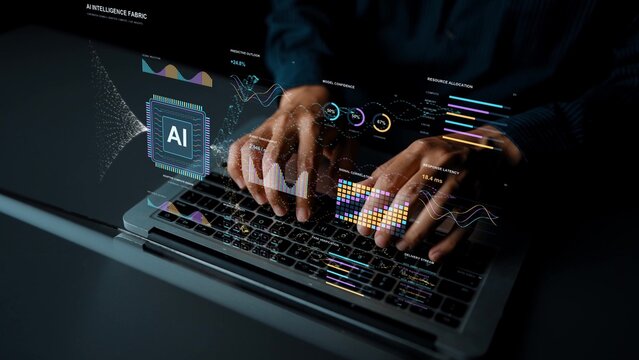 AI specialist works on a laptop. An AI analytics network links adaptive computing with forecasts and validation, bringing confidence estimates and system performance into the same workflow.
