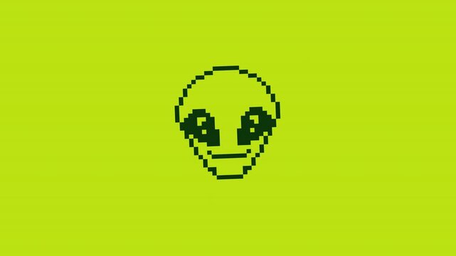 Iconic retro acid green 8-bit pixel art alien head with expressive blinking eyes, subtle floating hover, and nostalgic arcade CRT glitch scanline accents.