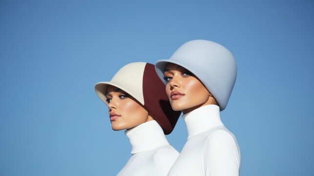 Stylish Fashion Portrait of Two Women Wearing Trendy Hats Against a Clear Blue Sky