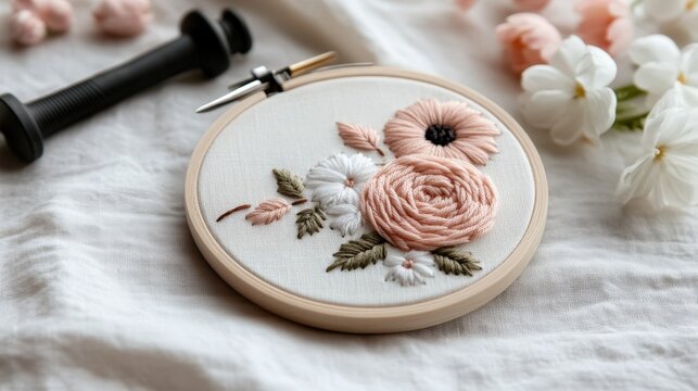 Floral Embroidery Art on Linen Fabric with Soft Pastel Colors and Crafting Tools