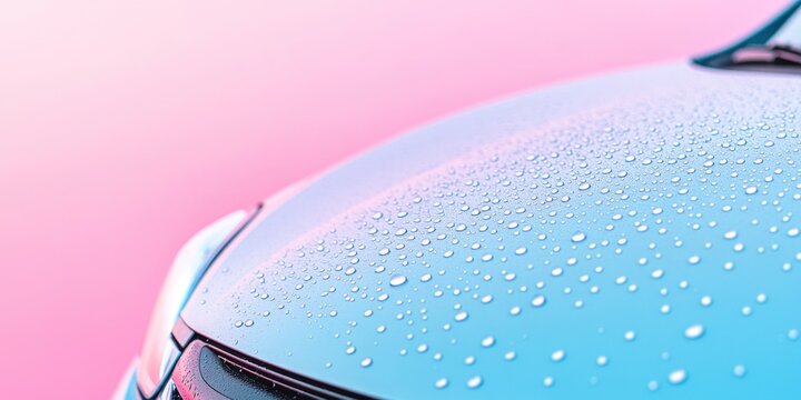 Close-Up of a Car Hood with Water Droplets on Colorful Abstract Background for Automotive Photography