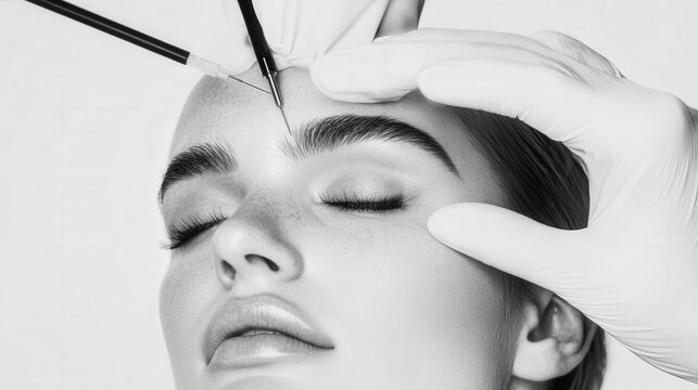 Close-up of a Woman Receiving Eyebrow Shaping with Precision Tools in a Modern Beauty Setting
