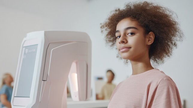 Innovative Technology: Young Girl Engaging with Modern Skin Scanning Device for Wellness and Beauty