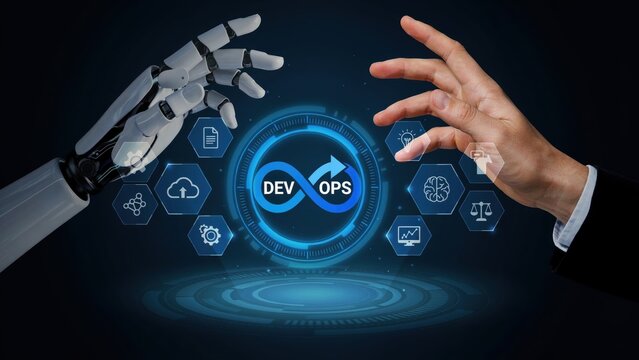 Robotic hand and human hand reaching for a glowing dev ops infinity symbol