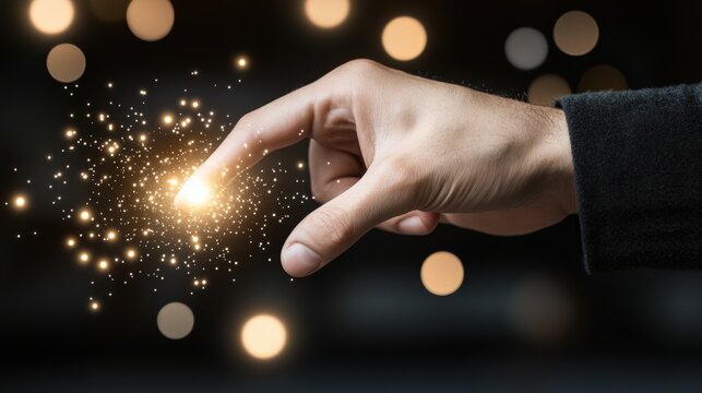 Captivating Hand Touching Sparkling Light, Symbolizing Magic and Creativity