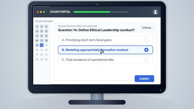 E Learning Online Exam Portal Interface with Multiple Choice Test on Computer Display