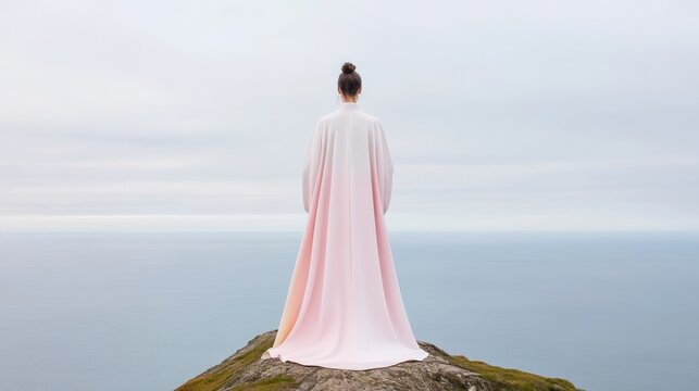 Woman in Flowing Garments Standing on a Cliff Overlooking the Sea