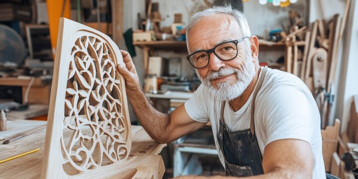 Master Craftsman Showcasing Intricate Woodwork Design in Artisan Workshop Environment