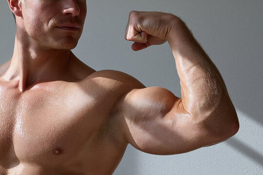 Muscular male arm flexing bicep, strong upper body, healthy skin, sunlight highlighting muscle definition, fitness and strength concept