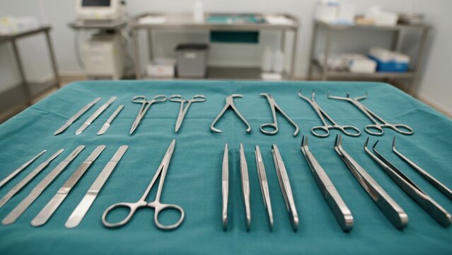 Surgical instruments arranged on a green cloth in a sterile operating theater