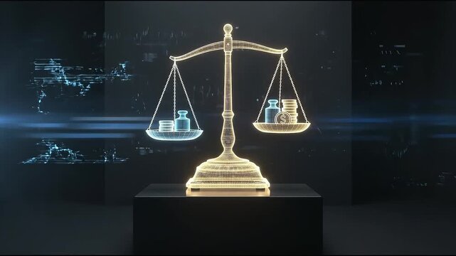 Futuristic gold wireframe scale footage balancing money and weights on dark background loop