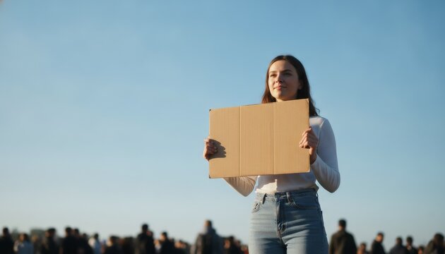Climate activist holding empty cardboard sign at protest