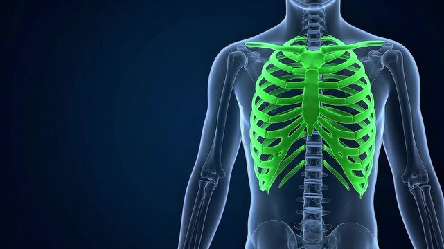 3D medical animation highlighting the human rib cage and thoracic cavity on a skeletal model for anatomical study