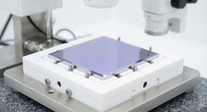 High-key macro industrial photography of advanced extreme ultraviolet EUV photomask blank on pristine white ceramic inspection fixture with violet-blue structural interference sheen