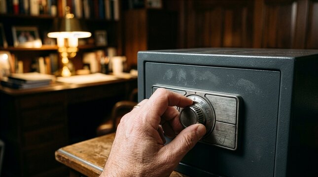 Hand turning dial on home safe