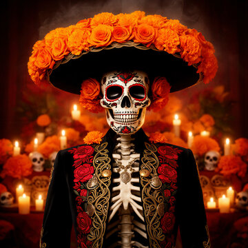 calavera, catr&iacute;n, catr&iacute;n mexicano, esqueleto, D&iacute;a de Muertos, M&eacute;xico, tradici&oacute;n mexicana, cultura mexicana, mariachi, traje de charro, sombrero mexicano, sombrero de charro, cempas&uacute;chil, flores de cem